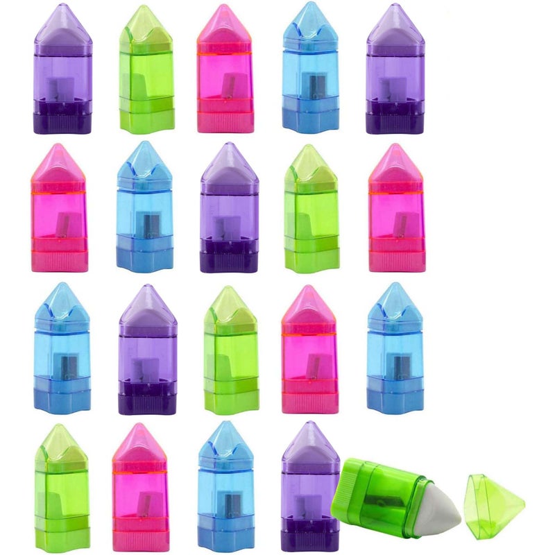 Alpurple 20 قطعة من مبراة أقلام رصاص يدوية مع ممحاة - 2 في 1 شكل مثلث ثقب واحد مبراة شمعية محمولة مع حاوية وممحاة للمدرسة والمكتب واللوازم المنزلية - Image 1